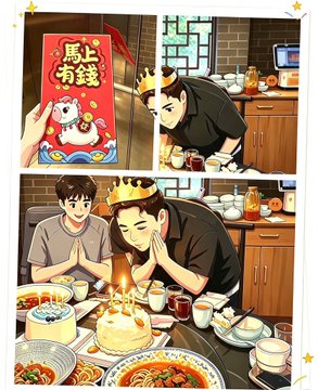 A three-panel anime-style illustration showing a character receiving a red envelope with a mouse and Chinese characters '馬上有錢', preparing food in a kitchen, and making a wish at a birthday dinner.