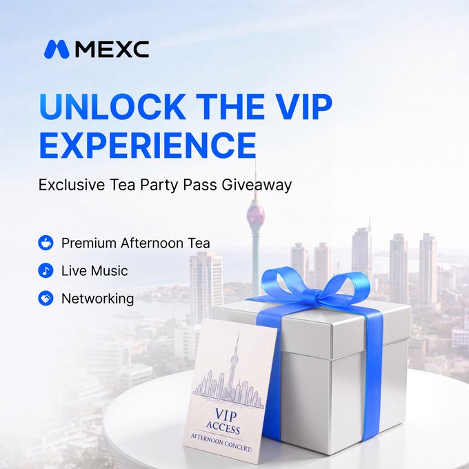 MEXC is hosting an "Exclusive Tea Party Pass Giveaway" for a chance to "Unlock the VIP Experience" which includes premium afternoon tea, live music, and networking. The image features a gift box with a "VIP ACCESS AFTERNOON CONCERT" card, reinforcing the giveaway's theme.