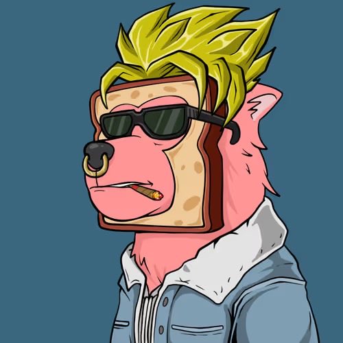 A cartoon-style NFT illustration depicting a pink-skinned anthropomorphic character with spiky blonde hair, sunglasses, a nose ring, and a cigar.