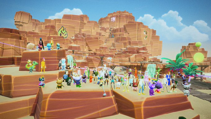 Another view of the virtual game shows a large group of diverse cartoon avatars gathered in a rocky, canyon-like desert environment with palm trees and green orbs.