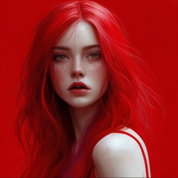 A digital portrait of a young woman with long flowing red hair, freckles, and pale skin set against a solid red background.