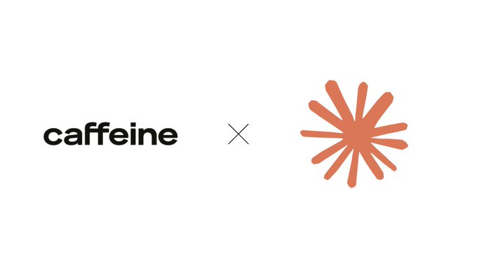 The image shows a collaboration logo featuring "caffeine" in black lowercase text on the left, a multiplication "×" symbol in the middle, and a coral/orange starburst or sun-like icon on the right. This represents the Caffeine AI partnership with Claude, illustrating how Caffeine's app-building capabilities are now integrated directly into the Claude platform for seamless use without leaving the conversation.