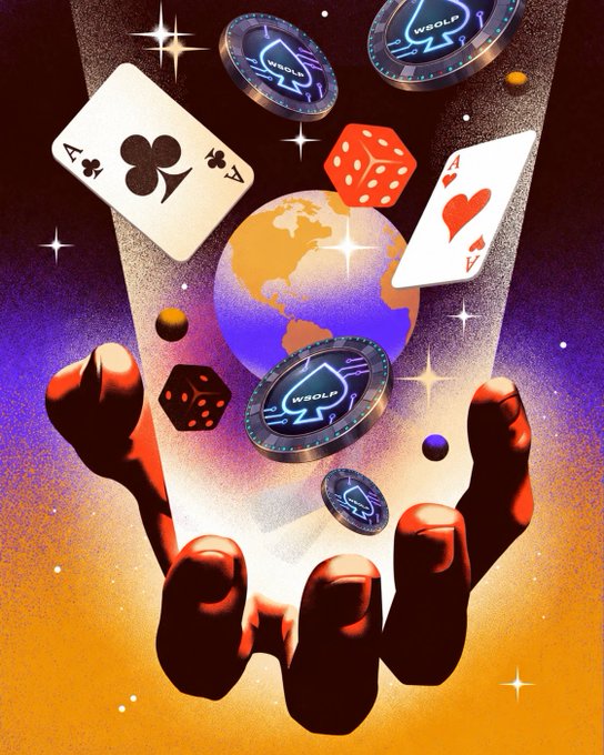 A stylized illustration depicts a hand holding playing cards, dice, coins, and a globe emerging from cosmic energy, suggesting a cryptocurrency or gambling theme.