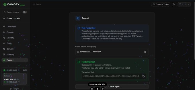 The image shows the Canopy Network faucet page where test tokens have been successfully claimed to a CNPY wallet (0x6126bc1c...e0b6dcc0), with a balance of CNPY 120.41. This relates to the post by highlighting how Canopy's developer-friendly approach allows users to quickly access test funds and start building on the network without the usual barriers of learning an entirely new blockchain stack.
