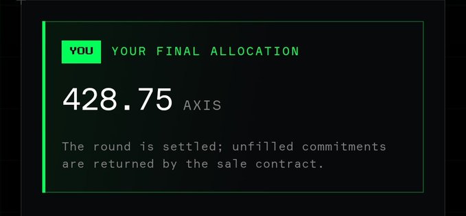 A screen showing "YOUR FINAL ALLOCATION" of "428.75 AXIS" with the message "The round is settled; unfilled commitments are returned by the sale contract."