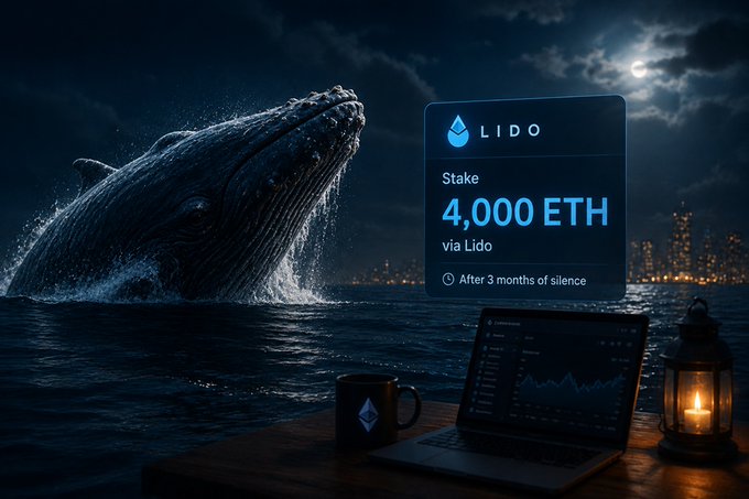 A dramatic digital artwork depicting a breaching whale at night under a moonlit sky, accompanied by a 'LIDO' crypto notification card showing a 'Stake 4,000 ETH via Lido' event 'After 3 months of silence', with a laptop and lantern in the foreground.