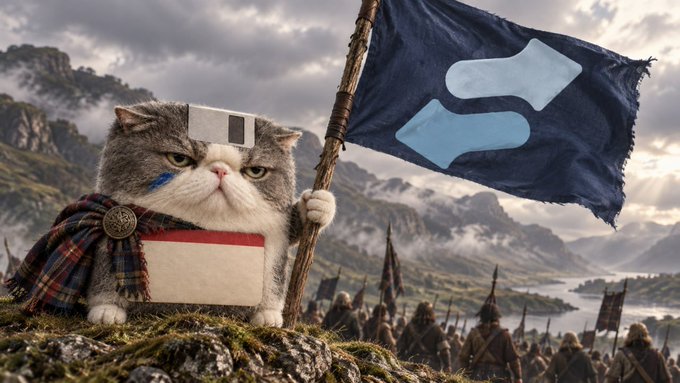 A digital illustration features a grumpy-looking cat in plaid clothing holding a 'Subscribe' sign, standing beside a blue flag with an 'S' logo, with an army of warriors gathered in a mountainous landscape behind it.
