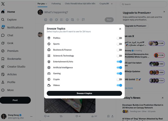 Twitter/X interface showing the 'Snooze Topics' feature with options to mute Politics, Sports, Business & Finance, Science & Technology, Entertainment & Arts, Artificial Intelligence, Gaming, Crypto, and Videos for 24 hours.