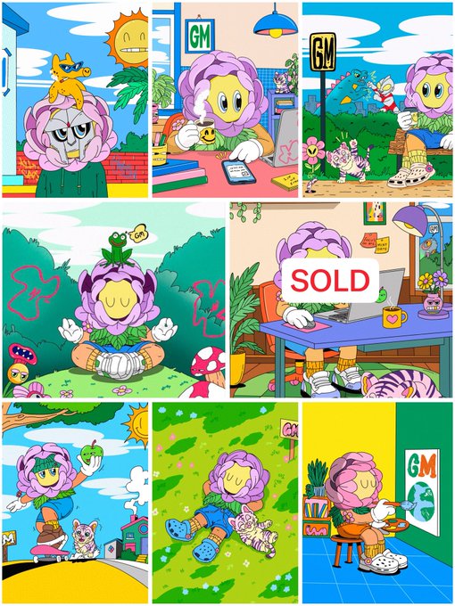 A colorful illustrated comic strip shows a character with a large purple flower head in various scenes, including one with a 'SOLD' sign over their computer and 'No Cats' and 'GM' signs visible throughout.