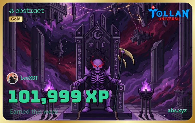 The image features a cartoon-style illustration of a skeleton sitting atop a throne, with a sword in hand. The background depicts a dark purple sky filled with clouds, creating an atmosphere of mystery or danger. In the bottom right corner of the image, there is text that reads "101k XP this week" and "Happy XP day on @AbstractChain!".