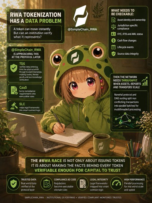 An infographic by @SimpleChain_RWA titled 'RWA TOKENIZATION HAS A DATA PROBLEM' features an anime-style character in a frog hoodie working on a laptop, outlining protocol layer components like TDS, CaaS, and SLC for verifiable data.