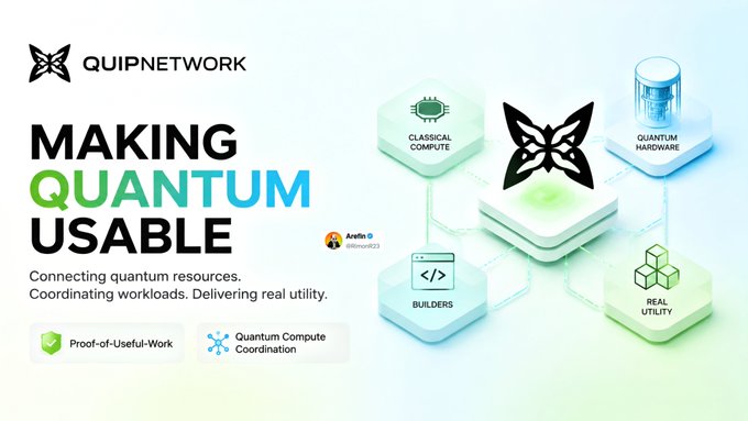 A promotional graphic for QuipNetwork titled 'MAKING QUANTUM USABLE' with the tagline 'Connecting quantum resources. Coordinating workloads. Delivering real utility,' featuring icons for Classical Compute, Quantum Hardware, Builders, and Real Utility.