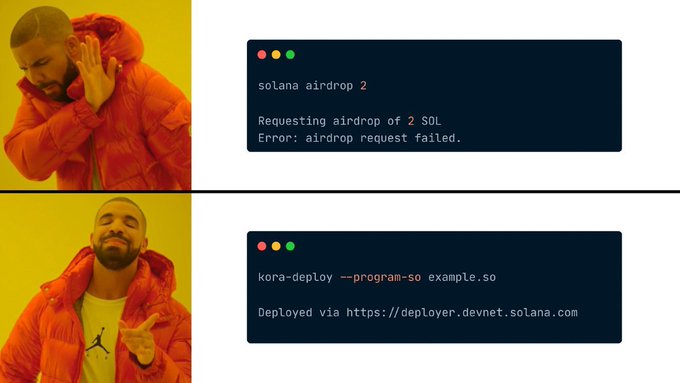 The image is a side-by-side comparison of two computer screens displaying different messages, with one screen showing a man's photo above a webpage for deploying to Devnet without the need for an internet connection or web browser (i.e., "You can now deploy programs to Devnet w/o any Devnet SOL."), and the other screen featuring a text box with error message. The caption also contains the word "error", possibly referring to an issue encountered while deploying the program on Devnet.