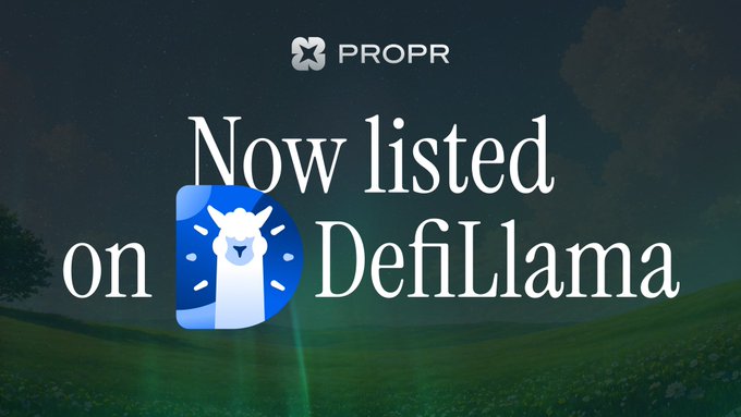The image features a banner with a blue background, white text, and an illustration of a sheep. The text reads "Now listed on DefiLlama" and "Propr", while the illustration shows a sheep standing next to a tree in a field. The image is related to the post because it promotes the listing of Propr on DefiLlama, which is a platform for trading digital assets using blockchain technology.