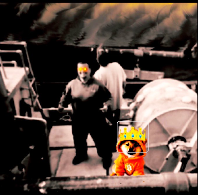 A stylized image of a person in a lab/industrial setting with a small crowned dog mascot wearing an orange Bitcoin hoodie overlaid in the foreground.