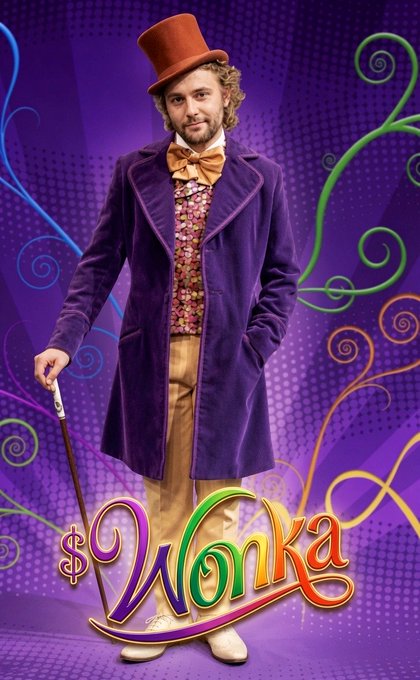 A promotional poster for the movie 'Wonka' shows actor Timothée Chalamet dressed in a purple velvet coat, brown top hat, and bow tie, holding a cane against a purple swirled background.