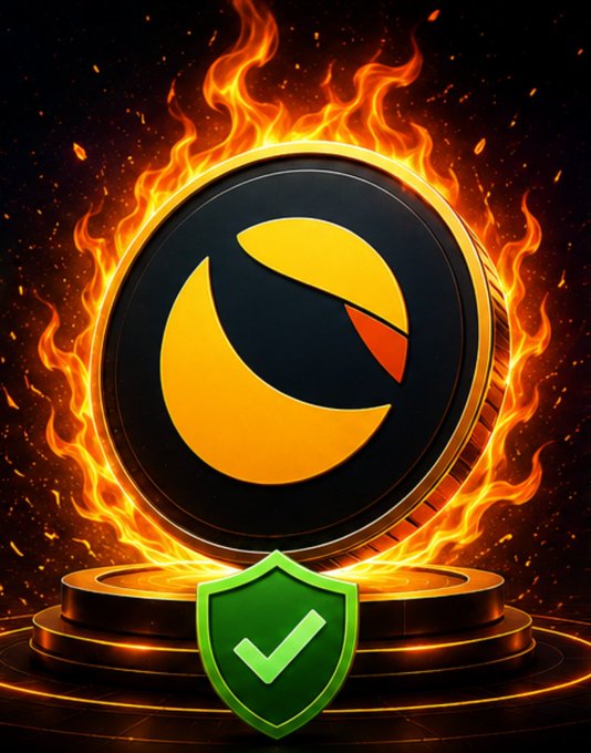 A digital artwork of a black and gold LUNA cryptocurrency coin engulfed in flames, with a green security shield and checkmark in the foreground.