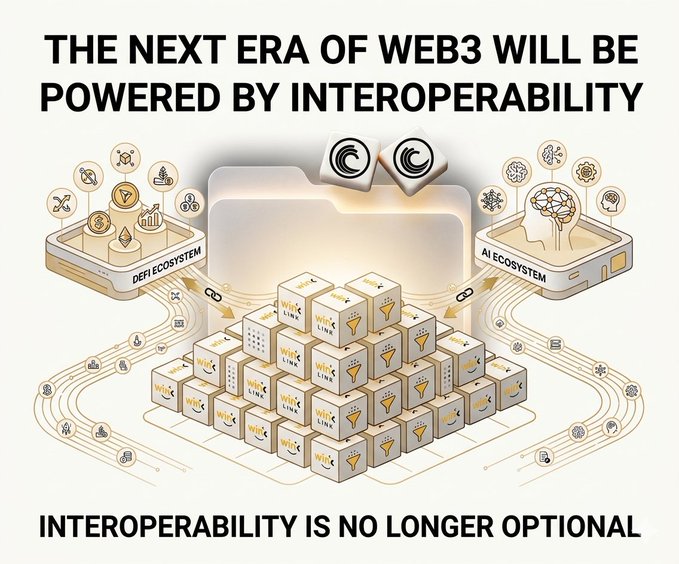 The image features two stacks of cubes, each stacked atop one another, representing an era or period. The top stack symbolizes "the next era of Web3 will be powered by interoperability", while the bottom stack represents the current state. This creative visual representation emphasizes that the new era of Web3 is already present and that it's no longer an option but an integral part of our online experiences.
