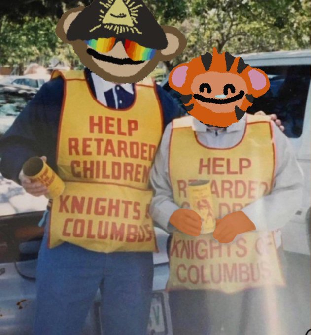 A vintage photograph of two people wearing yellow 'Help Retarded Children Knights of Columbus' vests, with cartoon meme faces overlaid on their heads.