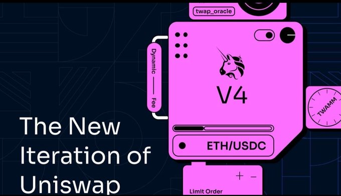 Graphic advertising 'The New Iteration of Uniswap' featuring a pink interface design with 'V4', a unicorn logo, 'ETH/USDC', 'TWAP', 'twap_oracle', and 'Limit Order' elements.