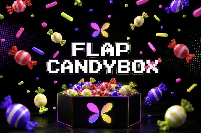 A vibrant "FLAP CANDYBOX" display features colorful pixel-art wrapped candies bursting from a black box adorned with a butterfly logo, set against a dark background scattered with floating sweets. The eye-catching graphic visually represents Flap's airdrop candy box mechanic, enticing users to join the platform and claim their share of the first wave of rewards.