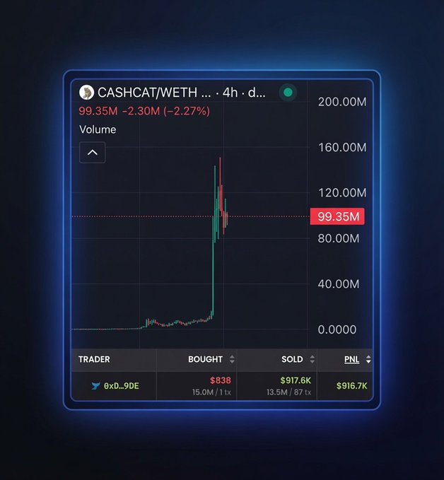A crypto trading chart for CASHCAT/WETH shows a price of 99.35M (-2.27%) on a 4h timeframe, with a trade summary showing a wallet buying for $838 and selling for $917.6K, netting a $916.7K PnL.