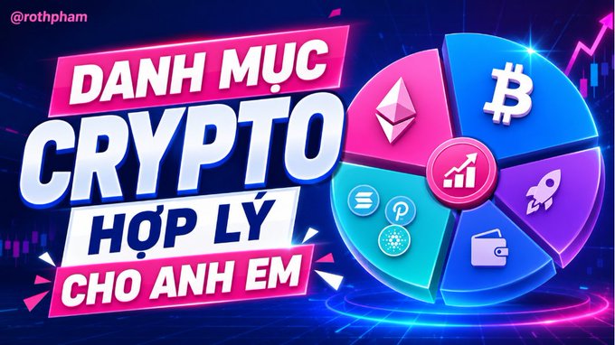 A vibrant promotional graphic with Vietnamese text 'DANH MỤC CRYPTO HỢP LÝ CHO ANH EM' (Reasonable Crypto Portfolio for Everyone), featuring a colorful pie chart with Bitcoin, Ethereum, and other crypto symbols, credited to @rothpham.