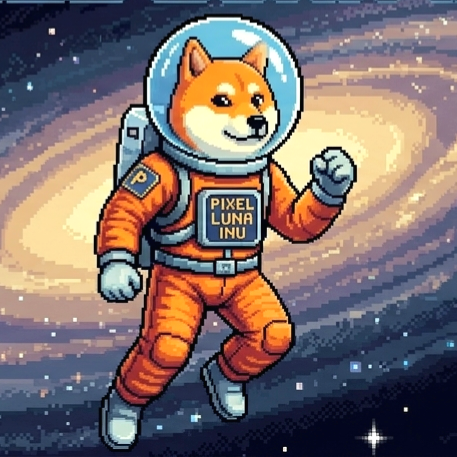 A pixel-art Shiba Inu dog in an orange spacesuit with the text "PIXEL LUNA INU" on its chest floats through a swirling galaxy, visually representing the token's cosmic launch. The astronaut dog perfectly captures the post's announcement of its debut liftoff on pump.fun.