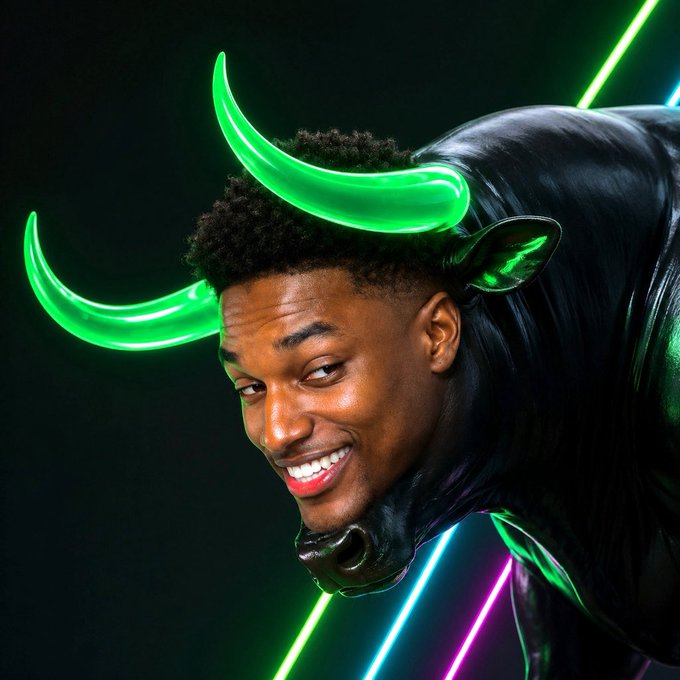 A smiling man in a glossy black hooded suit with glowing neon green horns and pink/green laser accents against a dark background. The sci-fi, "bullish energy" aesthetic visually reinforces the post's argument that $ANSEM is a deliberate, prepared play—not a reactive memecoin hype trade.