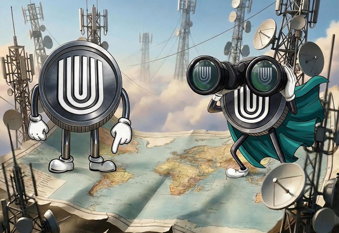 An illustration of two coin characters—one pointing at a world map and the other looking through binoculars—surrounded by communication towers.