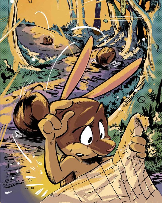 A comic-style illustration of a cartoon character resembling Jerry from Tom and Jerry in a brown outfit, appearing distressed in a dynamic, action-packed scene with coconuts and splashing water.