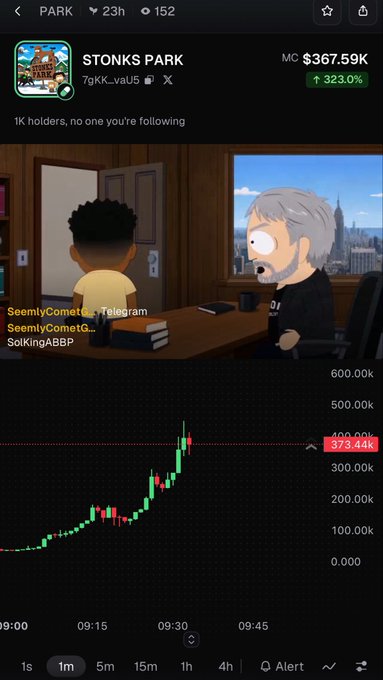 A trading chart for 'STONKS PARK' showing a market cap of $367.59K with a 323% increase, featuring a South Park-style cartoon image above a candlestick graph.