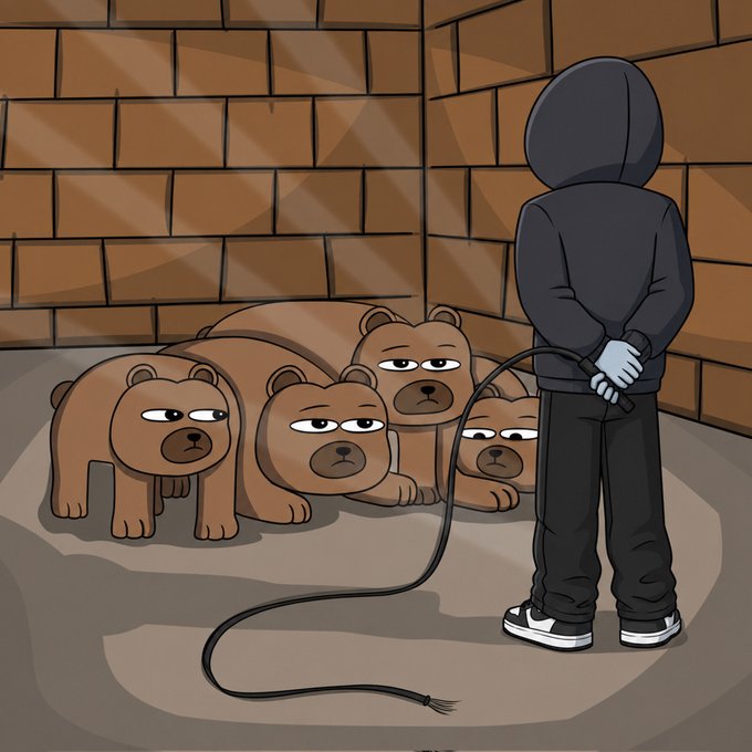 A hooded figure in black holds a whip behind their back, facing four nervous-looking bears cornered against a brick wall, symbolizing a bull (the aggressive force) intimidating the bearish $CATE traders who are about to be whipped into submission.