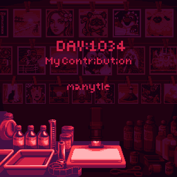 The image shows a dark room with a photo board displaying various pictures, including some of the person's own photos. The text "Day #1034: My contribution to the canvas yesterday" is written above the photo board. There are also several bottles scattered around the room and a pair of scissors on the table in front of the photo board. The post seems to be promoting an art project or collaboration, possibly involving the person's photos and other items found in the dark room.
