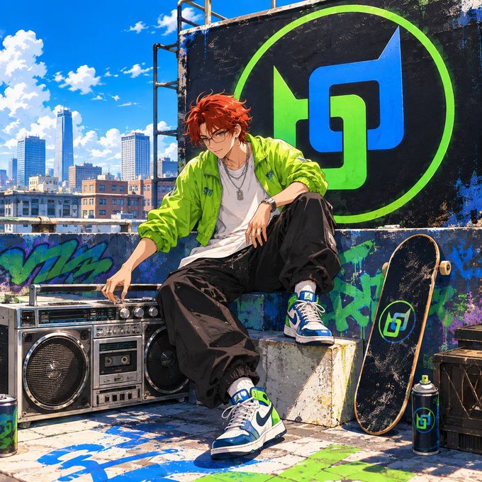 The image shows an anime-style red-haired character in a neon green jacket sitting on a concrete ledge on a graffiti-covered rooftop, with a vintage boombox, a skateboard bearing a "dj" logo, and a spray can nearby against a city skyline backdrop. The post discusses BeldexCoin shipping consistent swap functionality across mobile and electron wallets, and the image's recurring "dj" branding and street-style aesthetic mirror the theme of unifying a fragmented crypto UX experience across platforms.