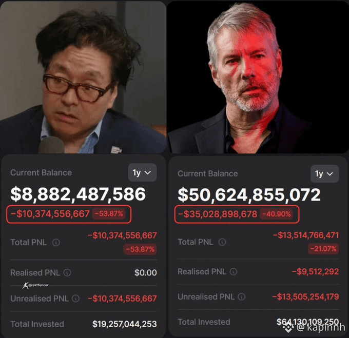 The image shows a side-by-side comparison of two crypto figures—likely Michael Saylor (left) and possibly another prominent figure (right)—with their portfolio balances displayed below each photo. Saylor's balance shows $8,882,487,586 with a -$10,374,556,667 (-53.87%) loss, while the right figure shows $50,624,855,072 with a -$35,028,898,678 (-40.90%) loss, totaling around $23 billion in combined paper losses. The caption humorously contrasts these massive institutional losses with the post's message about retail investors who feel devastated over much smaller losses, suggesting that even billionaire crypto holders remain optimistic despite their staggering unrealized losses.