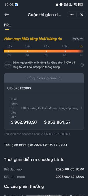 A screenshot of a Vietnamese trading app showing a 'Cuộc thi giao dịch' (Trading Competition) with PRL showing weight gain multipliers (1.8x, 1.5x, 1.3x) and a UID 376122883, displaying weight amounts of $962,918.97 and $952,861.57 with participation dates from 2026-08-05 to 2026-08-12.