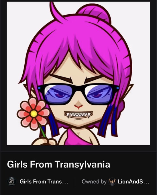An NFT titled 'Girls From Transylvania' by LionAndS..., depicting a chibi-style character with pink hair, blue glasses, fangs, and a flower.