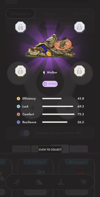 A dark-themed sneaker NFT/game interface showing a pair of ornate sneakers called 'Walker' with stats for Efficiency 43.8, Luck 69.3, Comfort 72.3, and Resilience 56.5, with a 'CLICK TO COLLECT' button.
