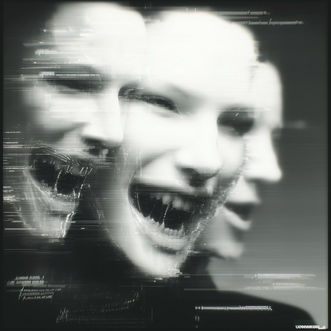 A black-and-white glitch-art style image showing three overlapping screaming faces with distorted features and digital distortion effects, with 'UNNAMED' text visible at the bottom.