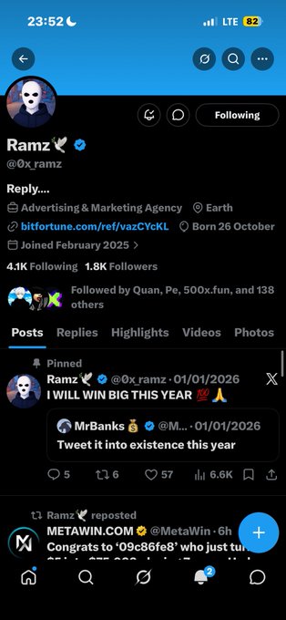 A screenshot of an X (Twitter) profile for user "Ramz" (@0x_ramz), whose pinned post reads "I WILL WIN BIG THIS YEAR" and a reposted notification shows congrats to MetaWin winner '09c86fe8'.