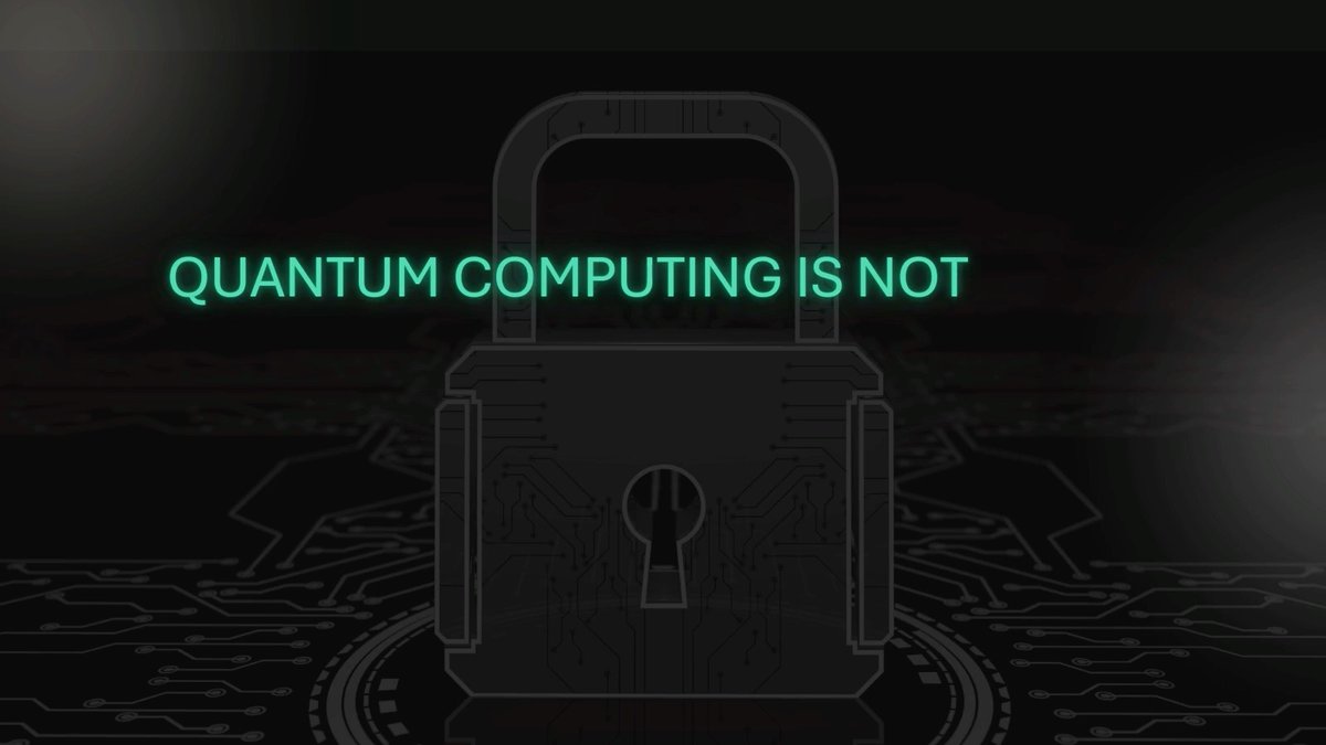 A dark digital graphic featuring a large padlock over a circuit board pattern with the glowing cyan text 'QUANTUM COMPUTING IS NOT'.