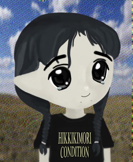 A stylized cartoon illustration shows a melancholic girl with large tearful eyes wearing a shirt labeled 'HIKKIKIMORI CONDITION,' set against a pixelated background of clouds and sky.