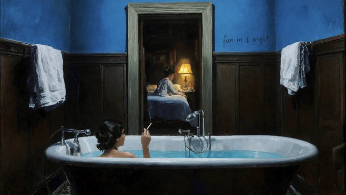 A painting showing a woman smoking a cigarette while sitting in a bathtub in the foreground, while in the background, a man sits beside a bed in a warmly lit room, with the phrase 'fun in I night' written on the blue wall.