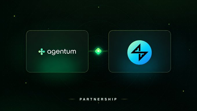 Dark graphic announcing a 'PARTNERSHIP' between 'agentum' and another brand represented by a blue lightning-bolt logo, connected by a green diamond.