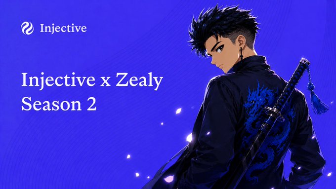 A promotional banner for 'Injective x Zealy Season 2' displaying an anime-style male character with a sword against a blue background.