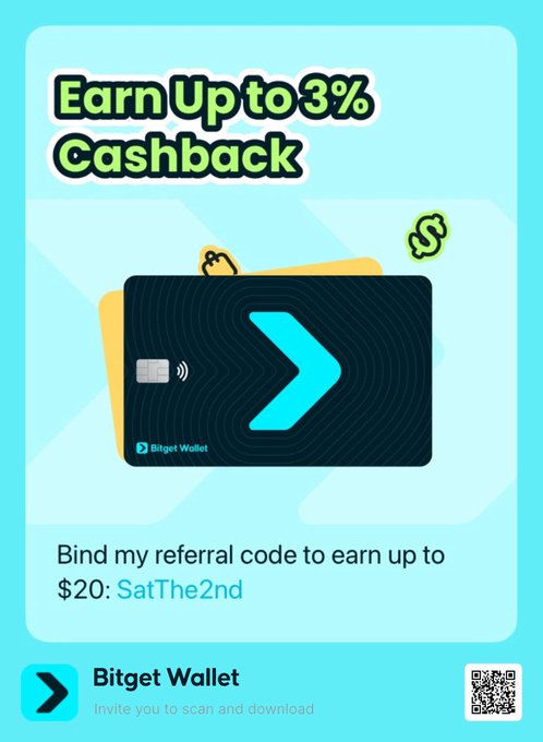 A promotional graphic for Bitget Wallet offering up to 3% cashback, displaying referral code 'SatThe2nd' to earn up to $20.