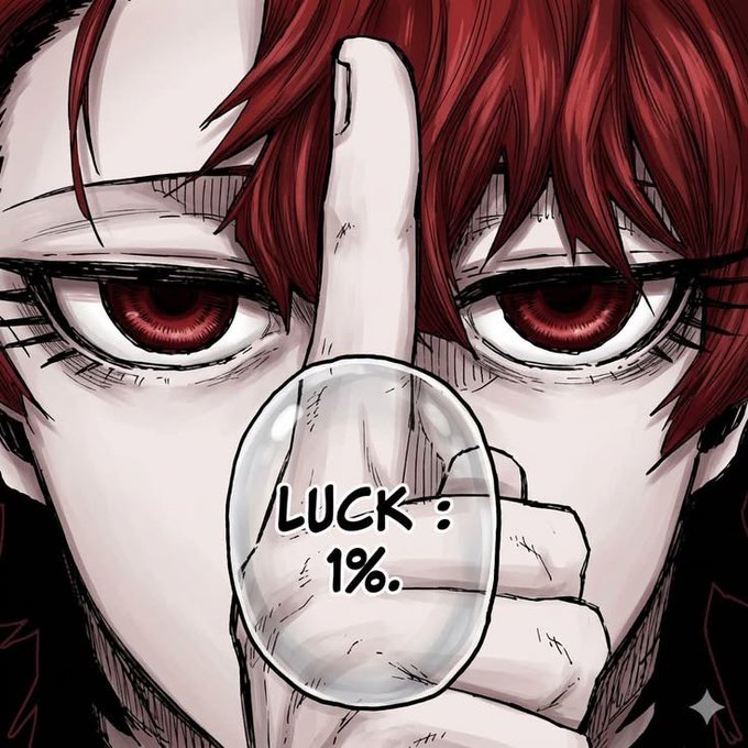 A close-up anime illustration of a character with red hair and intense red eyes, holding up a finger with a glass orb showing 'LUCK: 1%' displayed on it.