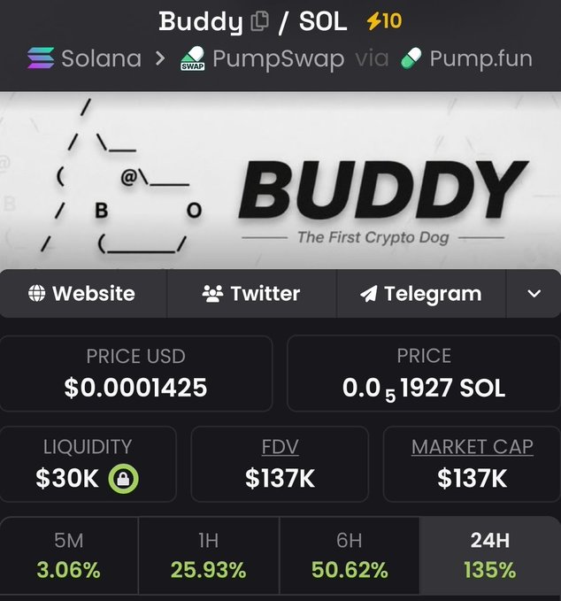 A cryptocurrency trading screenshot showing the 'BUDDY - The First Crypto Dog' token on Solana via PumpSwap via Pump.fun, priced at $0.0001425 with a market cap of $137K and a 135% 24H increase.