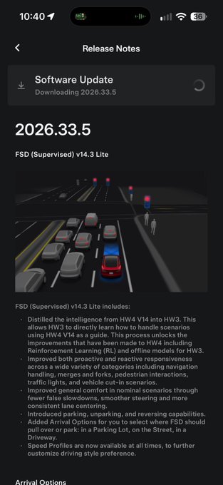 A screenshot of Tesla's software update release notes showing version 2026.33.5 downloading, featuring FSD (Supervised) v14.3 Lite, which details new features including arrival options, improved responsiveness for parking and navigation, and speed profile availability, directly corresponding to the user's announcement of installing this update with excitement for the livestream to come.